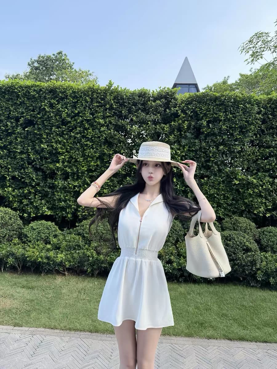 kubiliv1 p 작은 대중 오래된 돈 화이트 폴로 칼라 플리츠 민소매 여성 드레스 허리 수축 슬림해 보이는 A라인 스커트 상세 이미지 1