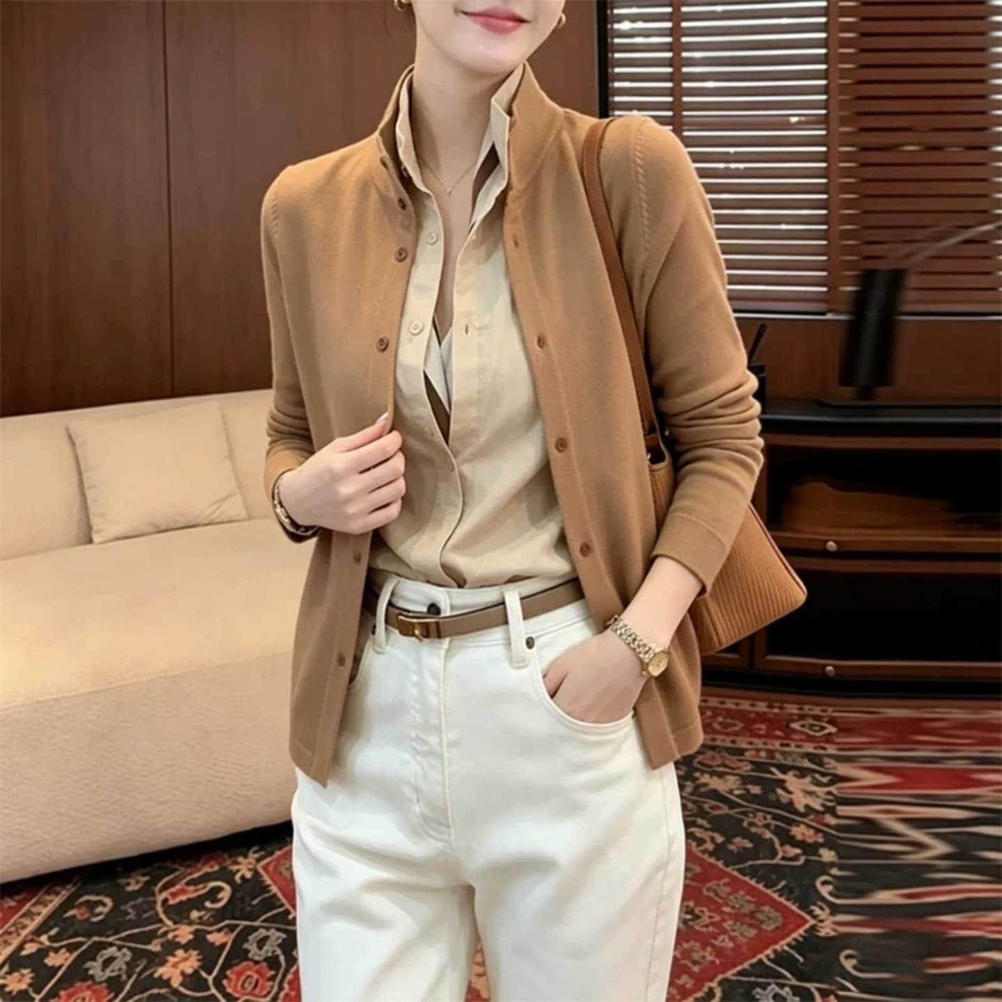 프랑스식 레트로 페이크 레이어드 니트 스웨터 2026 가을 겨울 새로운 스탠드 칼라 셔츠 고급 센스 다용도 긴팔 맨위 여성 이미지 5