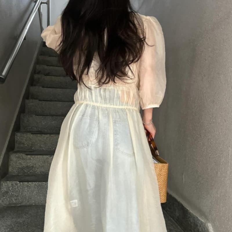 있음 선적 디자인 센스 작은 대중 부드러운 바람 주름 센스 하이웨이스트 슬림해 보이는 스택 착용 마이크로 ~을 통해 망사 드레스 이미지 5