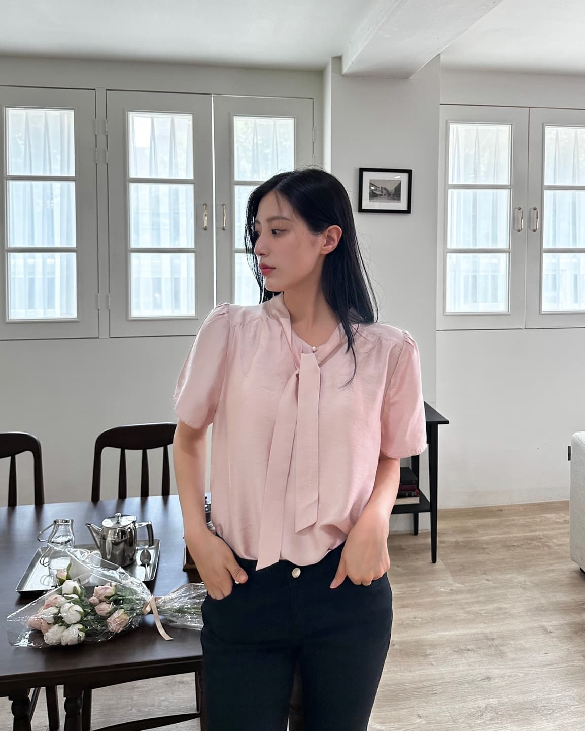 있음 선적 프랑스식 부드러운 바람 리본 칼라 양성 및 음성 착용 디자인 루즈핏 슬림해 보이는 거품 소매 쉬폰 셔츠 삼색 상세 이미지 17