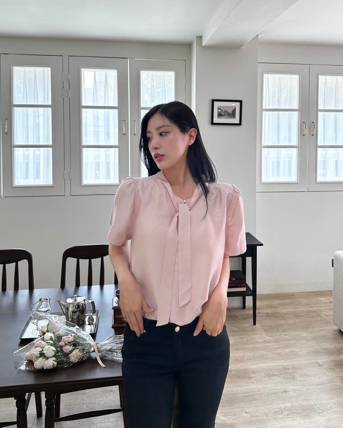 있음 선적 프랑스식 부드러운 바람 리본 칼라 양성 및 음성 착용 디자인 루즈핏 슬림해 보이는 거품 소매 쉬폰 셔츠 삼색 상세 이미지 18