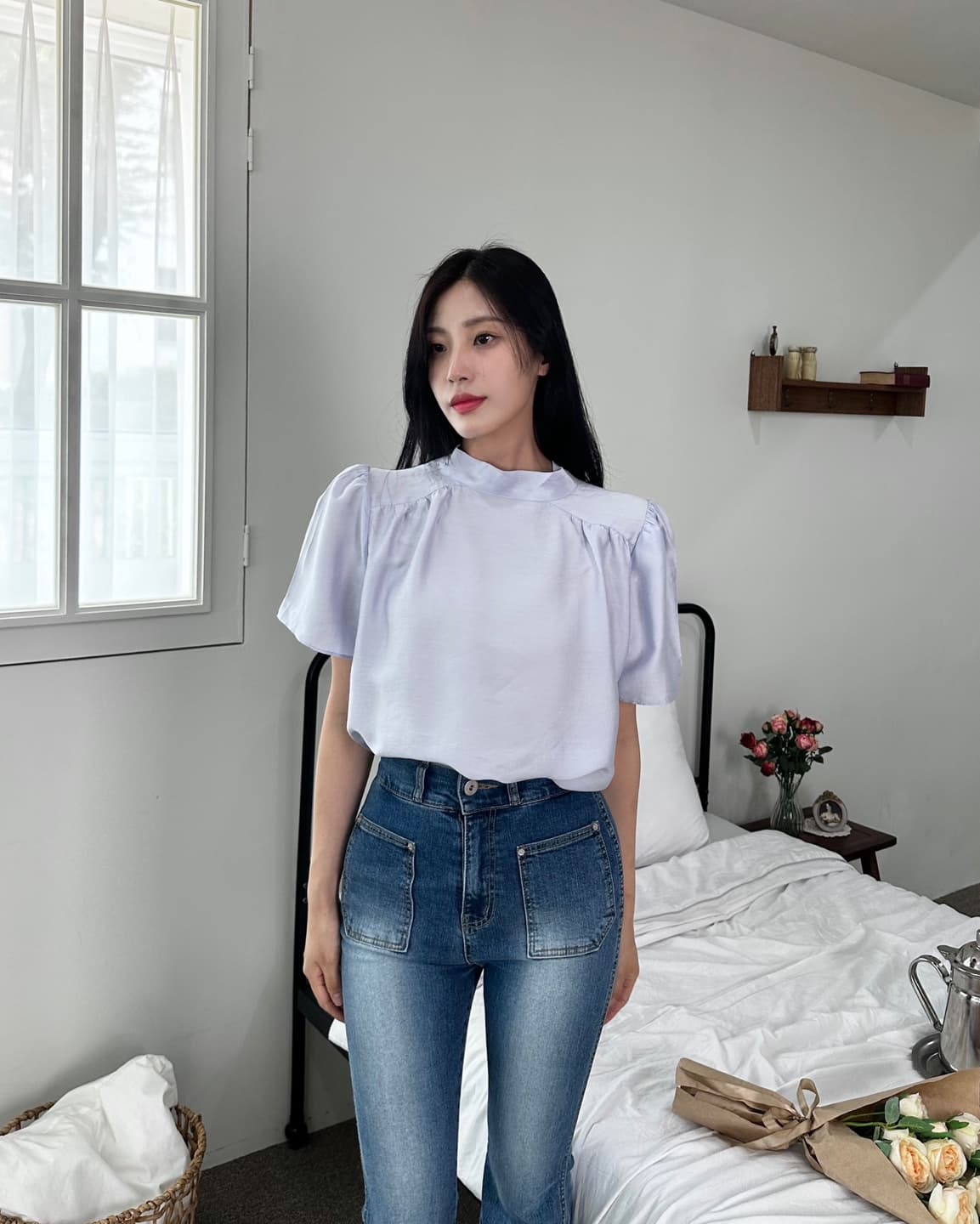 있음 선적 프랑스식 부드러운 바람 리본 칼라 양성 및 음성 착용 디자인 루즈핏 슬림해 보이는 거품 소매 쉬폰 셔츠 삼색 상세 이미지 25
