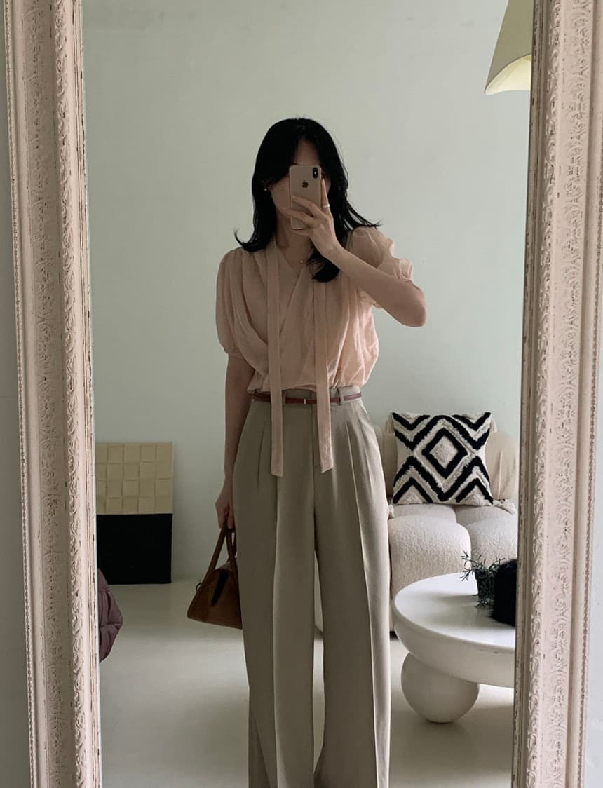 있음 선적 프랑스식 부드러운 바람 리본 V넥 주름 질감 센스 십자가 디자인 거품 소매 맨위 둘 색상 상세 이미지 3