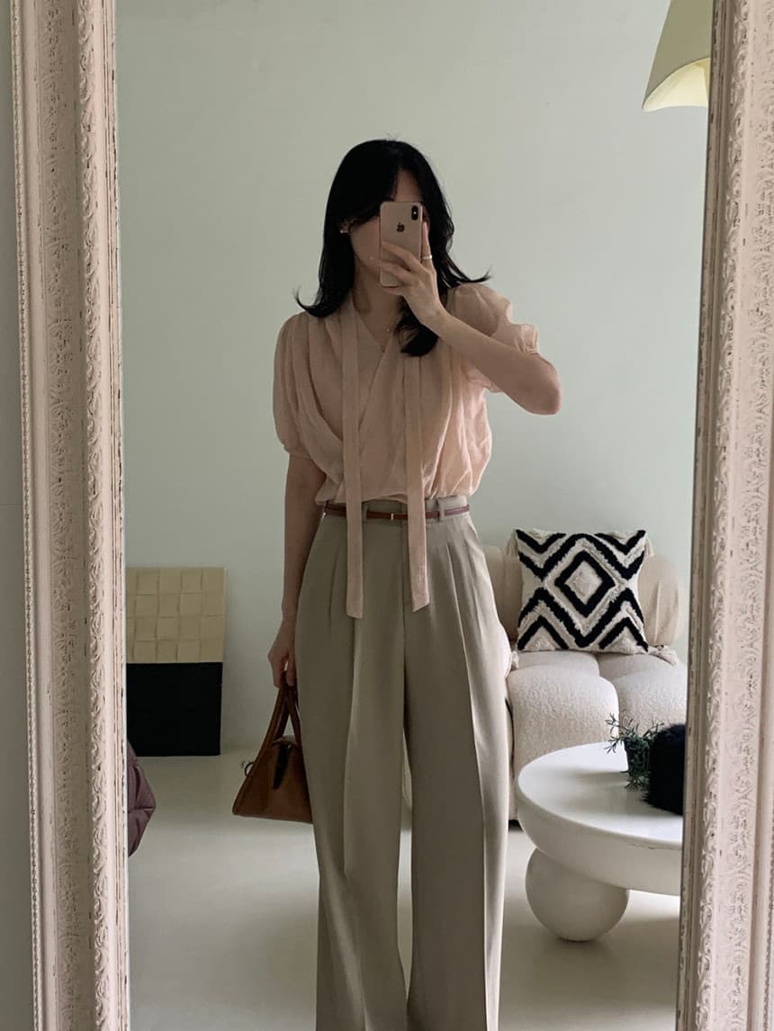 있음 선적 프랑스식 부드러운 바람 리본 V넥 주름 질감 센스 십자가 디자인 거품 소매 맨위 둘 색상 상세 이미지 6