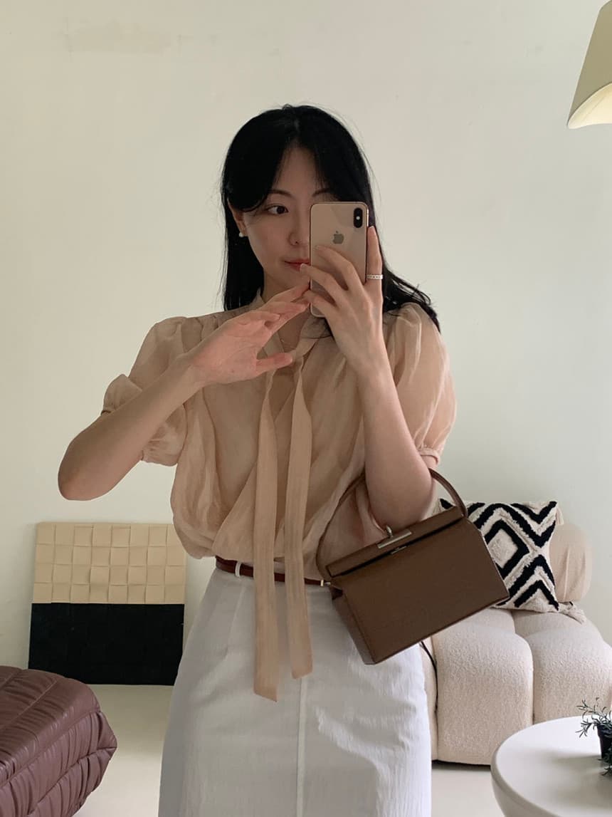있음 선적 프랑스식 부드러운 바람 리본 V넥 주름 질감 센스 십자가 디자인 거품 소매 맨위 둘 색상 상세 이미지 17