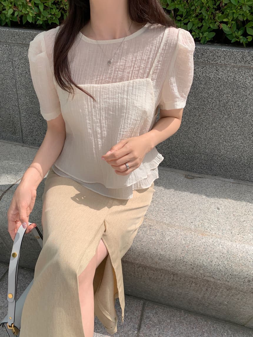 있음 선적 프랑스식 부드러운 바람 라운드 넥 스택 착용 디자인 투피스 세트 거품 소매 질감 센스 쉬폰 톱 둘 색상 상세 이미지 9
