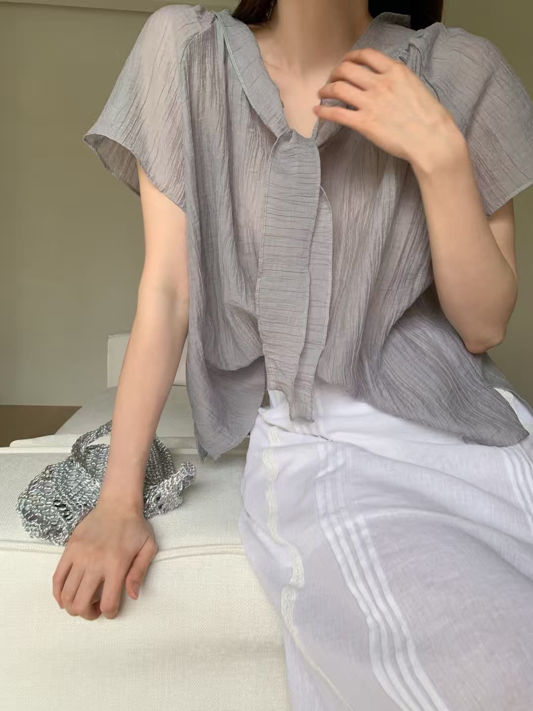 ins 프랑스식 부드러운 바람 리본 칼라 양성 및 음성 착용 디자인 주간 실크 질감 센스 거품 소매 셔츠 맨위 삼색 상세 이미지 18