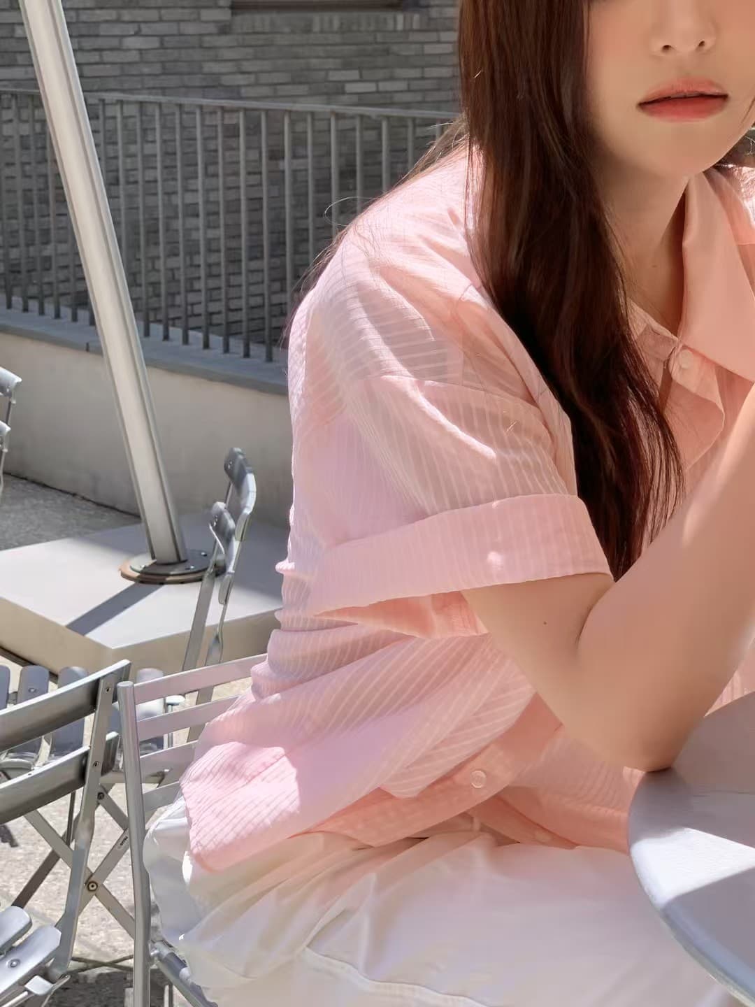 있음 선적 느긋한 바람 부드러운 소녀 Seersucker 질감 센스 배색 스트라이프 다용도 루즈핏 반팔 셔츠 상세 이미지 12