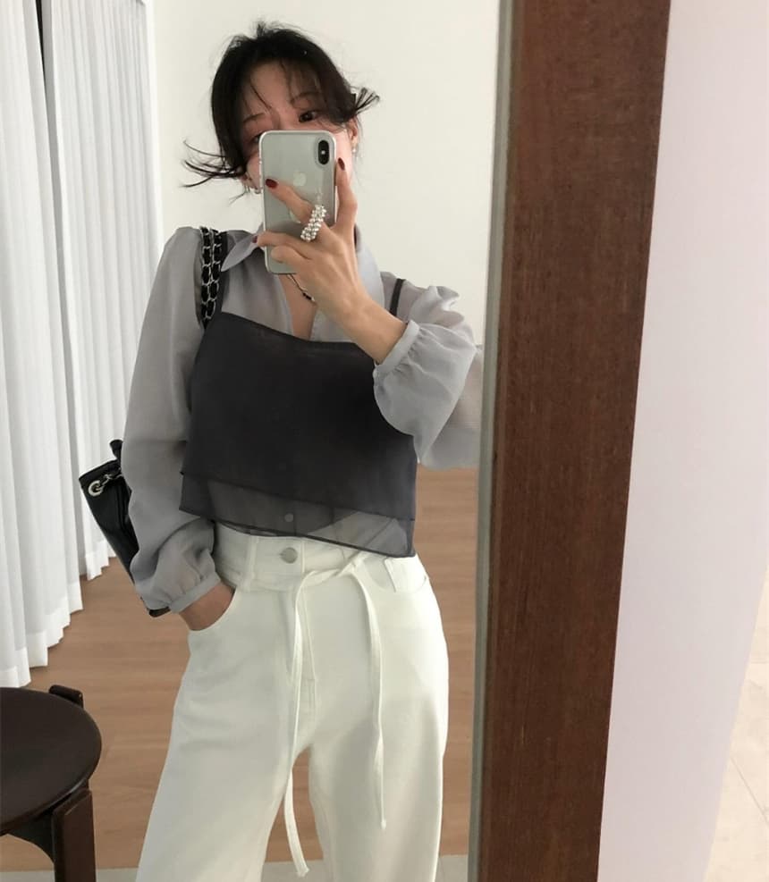 ins 한 부서 작은 대중 디자인 센스 더블 계단식 착용 마이크로 ~을 통해 망사 이후 단추 다용도 캐미솔 삼색