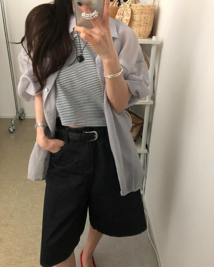 ins 익스트림 제인 느긋한 바람 품격 폴로 칼라 더블 주머니 디자인 마이크로 하늘을 통해 실크 레이스업 허리 수축 긴팔 자외선 차단 셔츠 상세 이미지 3