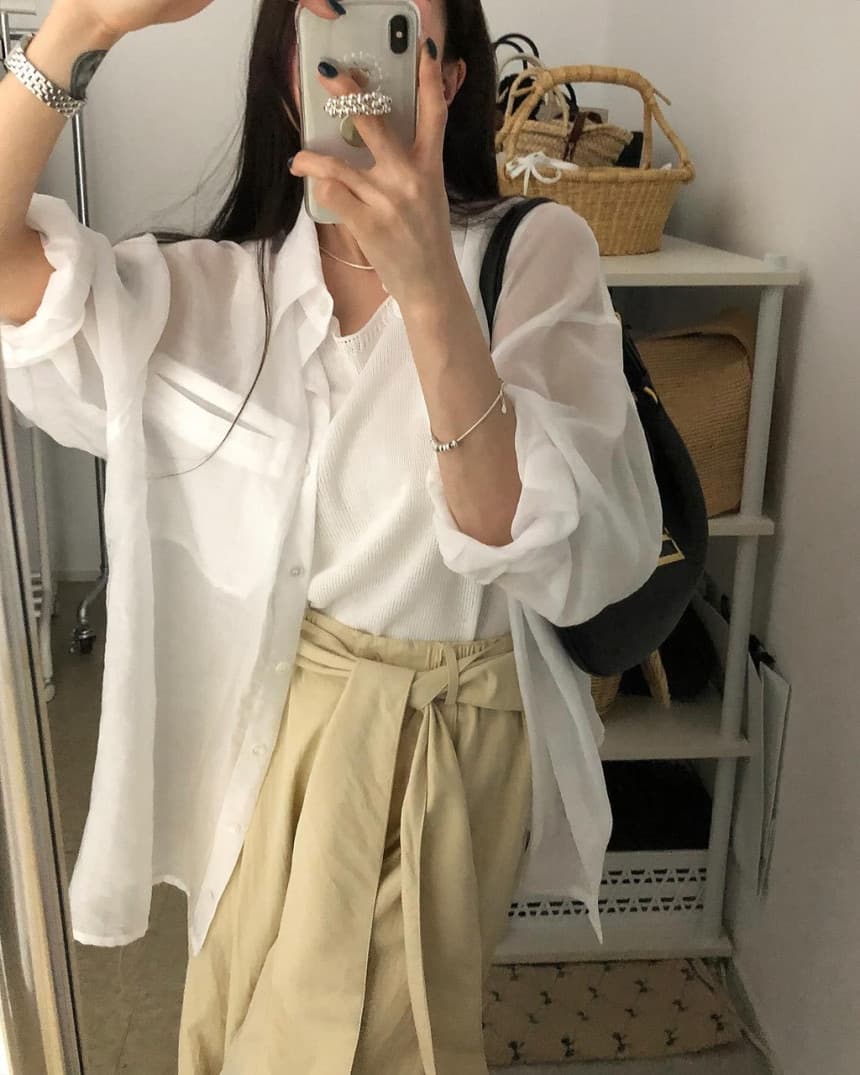 ins 익스트림 제인 느긋한 바람 품격 폴로 칼라 더블 주머니 디자인 마이크로 하늘을 통해 실크 레이스업 허리 수축 긴팔 자외선 차단 셔츠 상세 이미지 18