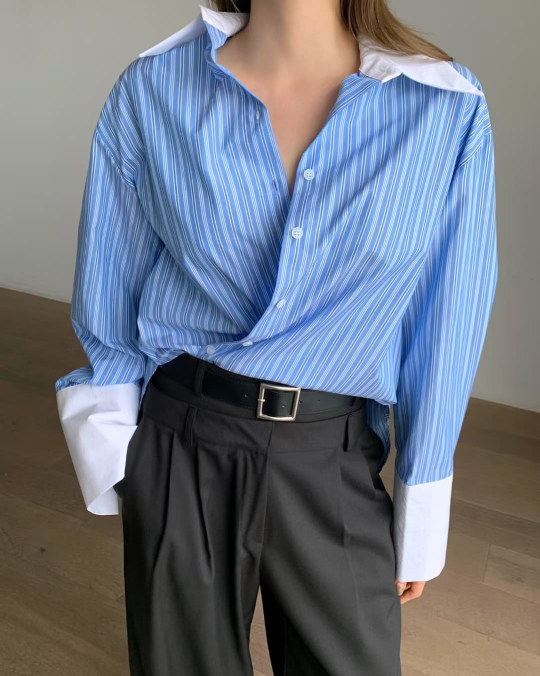 있음 선적 느긋한 캐주얼 바람 스트라이프 디자인 센스 배색 패치워크 폴로 칼라 루즈핏 다용도 긴팔 셔츠 삼색 상세 이미지 2