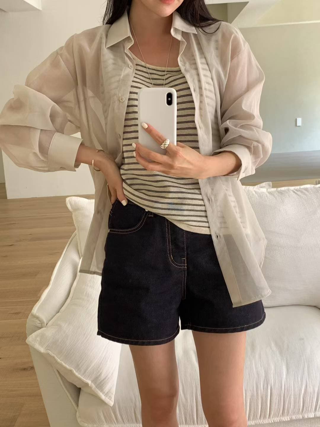 있음 선적 느긋한 바람 품격 폴로 칼라 작은 대중 이후 단추 트임 디자인 마이크로 하늘을 통해 실크 긴팔 셔츠 둘 색상 상세 이미지 6