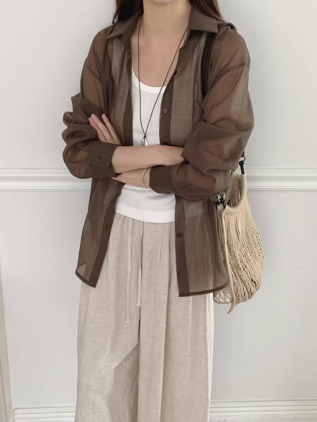 있음 선적 느긋한 바람 품격 폴로 칼라 작은 대중 이후 단추 트임 디자인 마이크로 하늘을 통해 실크 긴팔 셔츠 둘 색상 상세 이미지 18