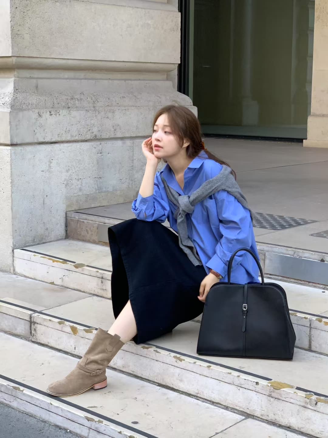 있음 선적 레트로 느긋한 바람 품격 폴로 칼라 싱글 주머니 디자인 루즈핏 슬림해 보이는 순면 긴팔 셔츠 상세 이미지 2