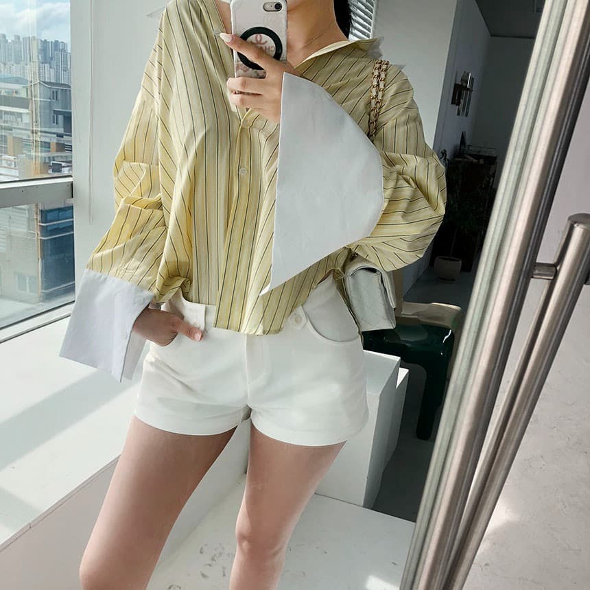 있음 선적 느긋한 캐주얼 바람 스트라이프 디자인 센스 배색 패치워크 폴로 칼라 루즈핏 다용도 긴팔 셔츠 삼색 이미지 5