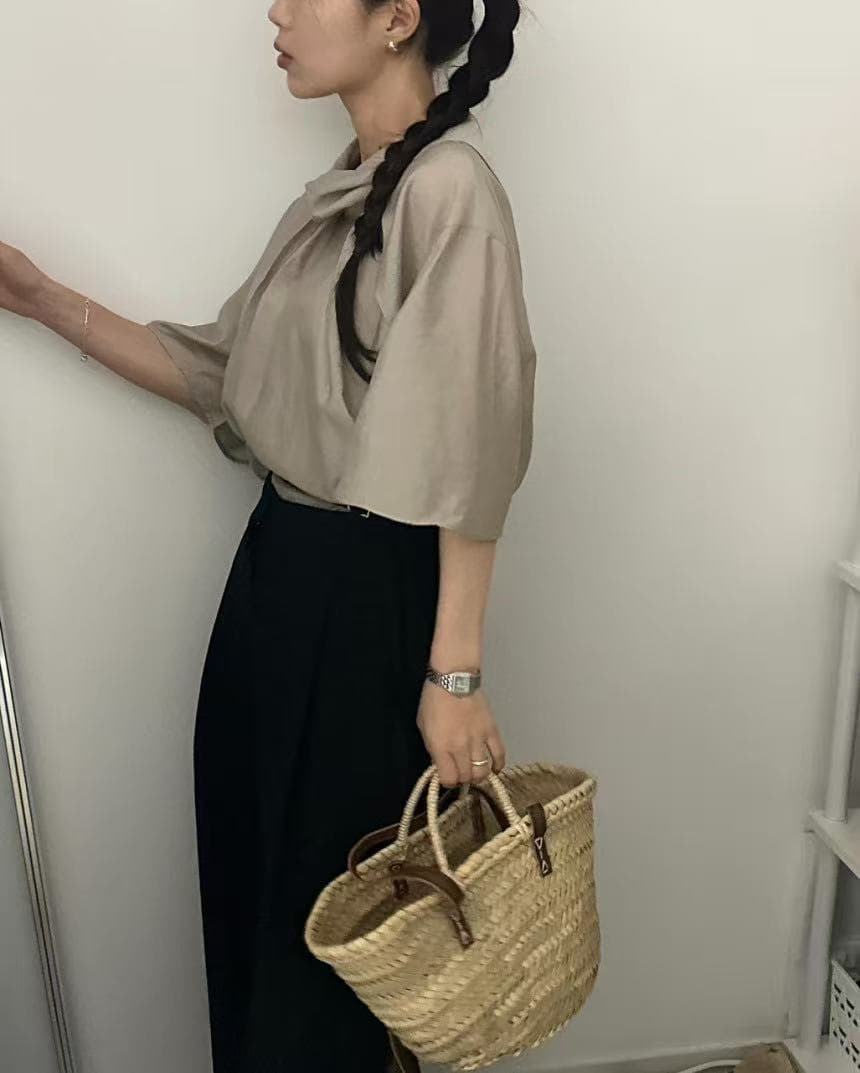 ins 프랑스식 느긋한 바람 품격 말뚝 더미 칼라 디자인 센스 이후 단추 레이스업 허리 수축 마이크로 하늘을 통해 실크 셔츠 2s 상세 이미지 11