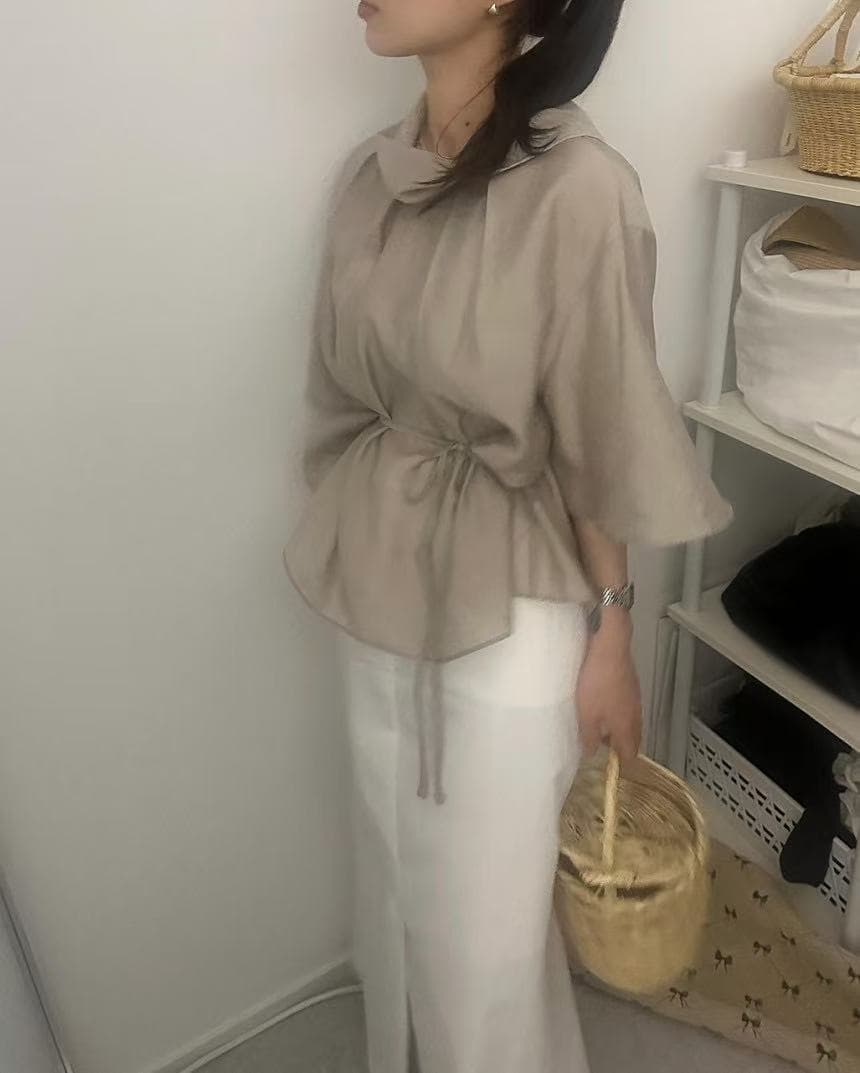 ins 프랑스식 느긋한 바람 품격 말뚝 더미 칼라 디자인 센스 이후 단추 레이스업 허리 수축 마이크로 하늘을 통해 실크 셔츠 2s 상세 이미지 20