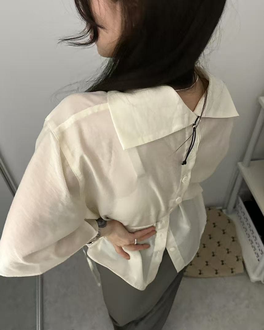 ins 프랑스식 느긋한 바람 품격 말뚝 더미 칼라 디자인 센스 이후 단추 레이스업 허리 수축 마이크로 하늘을 통해 실크 셔츠 2s 상세 이미지 35