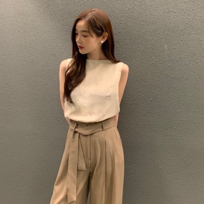 있음 선적 작은 대중 디자인 센스 전후 둘 착용 프랑스식 이후 v 백리스 루즈핏 슬림해 보이는 새틴 민소매 조끼 이미지 5