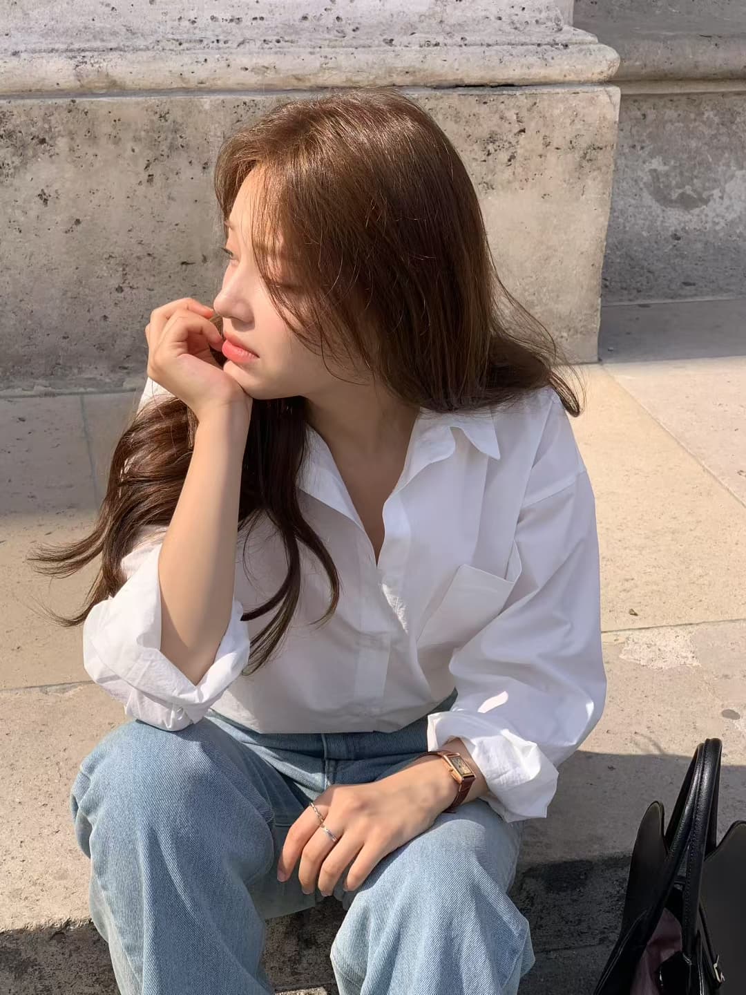 있음 선적 레트로 느긋한 바람 품격 폴로 칼라 싱글 주머니 디자인 루즈핏 슬림해 보이는 순면 긴팔 셔츠 상세 이미지 13