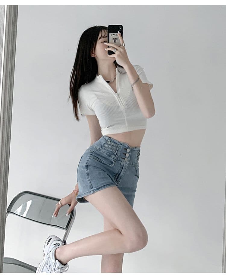 신축성 타이트 스커트 스트레이트 팬츠 복부 수축 단추 십자가 디자인 센스 몸매 가꾸기 넓은 다리 슈퍼 하이웨이스트 데님 반바지 여성 상세 이미지 17