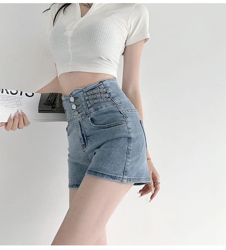 신축성 타이트 스커트 스트레이트 팬츠 복부 수축 단추 십자가 디자인 센스 몸매 가꾸기 넓은 다리 슈퍼 하이웨이스트 데님 반바지 여성 상세 이미지 23