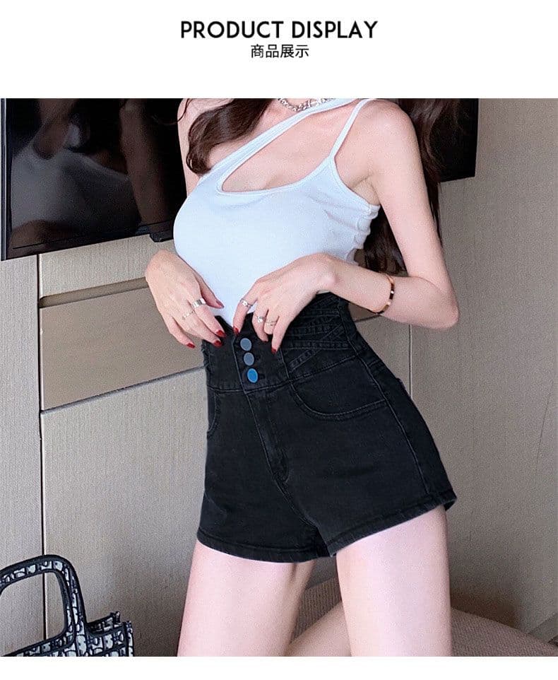 신축성 타이트 스커트 스트레이트 팬츠 복부 수축 단추 십자가 디자인 센스 몸매 가꾸기 넓은 다리 슈퍼 하이웨이스트 데님 반바지 여성 상세 이미지 9