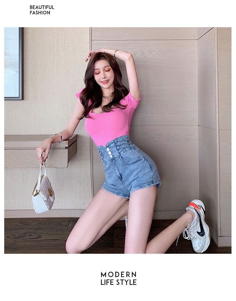 신축성 타이트 스커트 스트레이트 팬츠 복부 수축 단추 십자가 디자인 센스 몸매 가꾸기 넓은 다리 슈퍼 하이웨이스트 데님 반바지 여성 상세 이미지 14