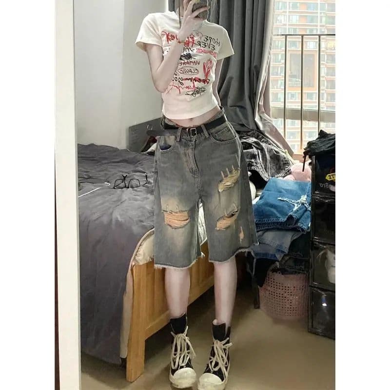 아메리칸 레트로 오부 바지 여성 높음 거리 vibe 바람 hiphop 루즈핏 스트레이트 바지 잉글랜드 개성 찢어진 부분 반바지 상세 이미지 1