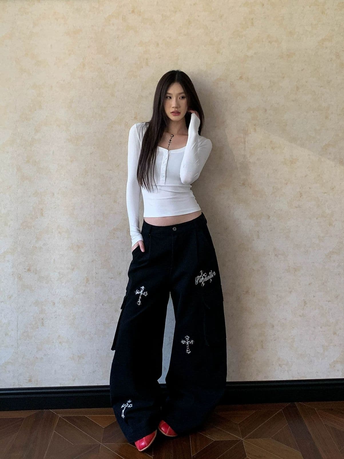 레트로 레오파드 무늬 십자가 자수 워크웨어 모통이 칼 바지 높음 거리 작은 대중 루즈핏 기타 주머니 캐주얼 다용도 와이드 레그 팬츠 상세 이미지 4