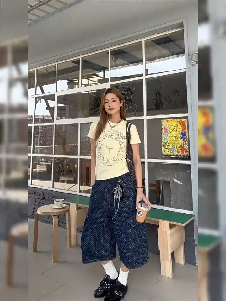 아메리칸 레트로 도트 무늬 전체 인쇄 빅 포켓 청바지 여성 여름 새로운 자수 스트레이트 빅 사이즈 루즈핏 와이드 레그 팬츠 상세 이미지 3