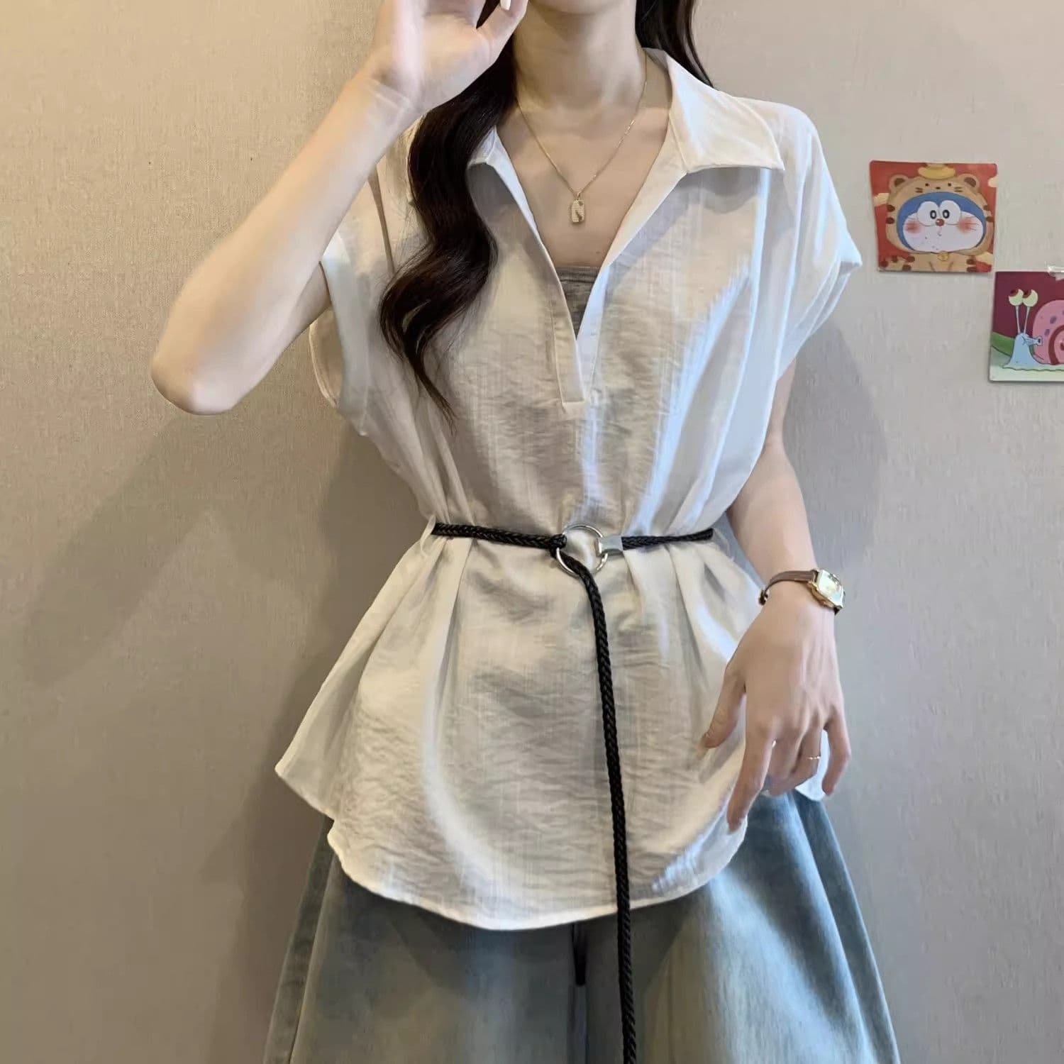 특별 빅 사이즈 여성 의류 200 kg 벨트 포함 페이크 레이어드 숨기기 V넥 반팔 셔츠 여름 빅 사이즈 슬림해 보이는 맨위 상세 이미지 13