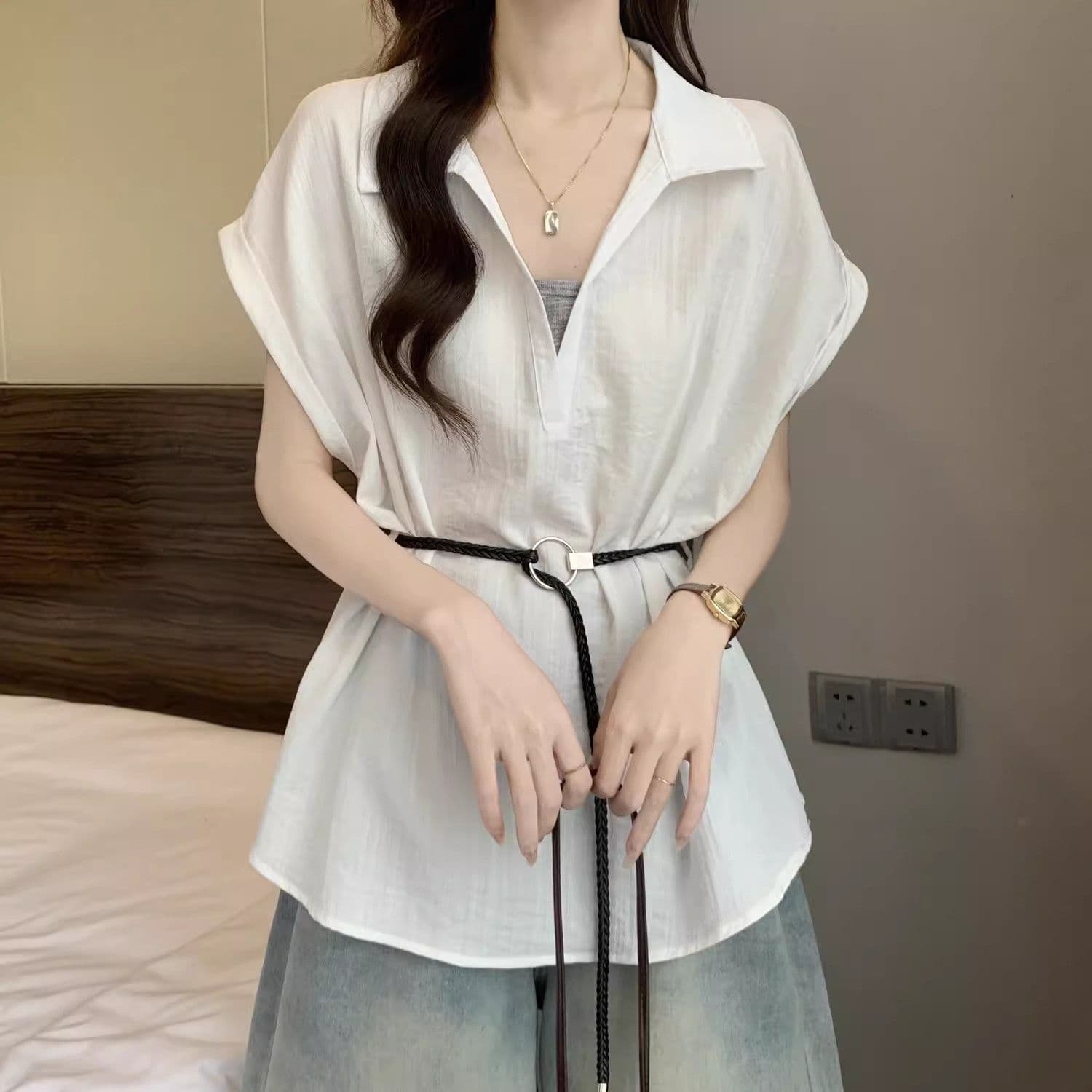 특별 빅 사이즈 여성 의류 200 kg 벨트 포함 페이크 레이어드 숨기기 V넥 반팔 셔츠 여름 빅 사이즈 슬림해 보이는 맨위 상세 이미지 14