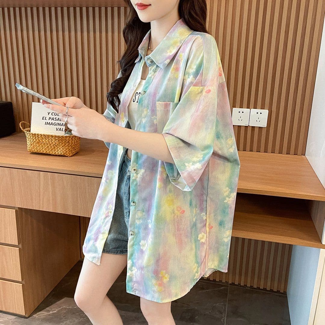 실사 원본 솜씨 여름 일본식 레트로 느긋한 바람 헤일로 염색 그라데이션 디자인 센스 반팔 셔츠 맨위 여성 상세 이미지 3