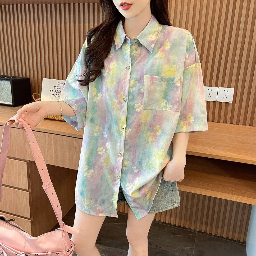실사 원본 솜씨 여름 일본식 레트로 느긋한 바람 헤일로 염색 그라데이션 디자인 센스 반팔 셔츠 맨위 여성 상세 이미지 5