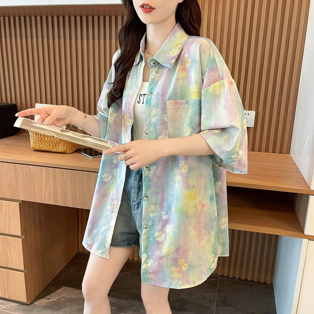 실사 원본 솜씨 여름 일본식 레트로 느긋한 바람 헤일로 염색 그라데이션 디자인 센스 반팔 셔츠 맨위 여성 상세 이미지 11