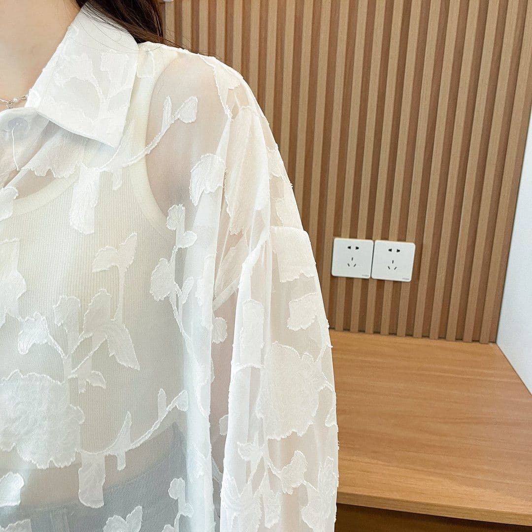 실사 자카드 고유 한 슈퍼 잘 생긴 마이크로 ~을 통해 긴팔 중간 길이 자외선 차단 의류 여성 여름 새로운 빅 사이즈 셔츠 재킷 상세 이미지 18