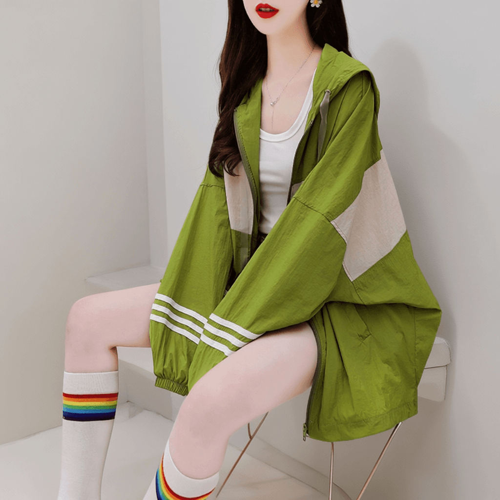 경관 그림 얇고 가벼운 루즈핏 자외선 차단 의류 여름 새로운 후드 패치워크 색상 지퍼 느긋한 바람 맨위 느슨함 센스 재킷 상세 이미지 2
