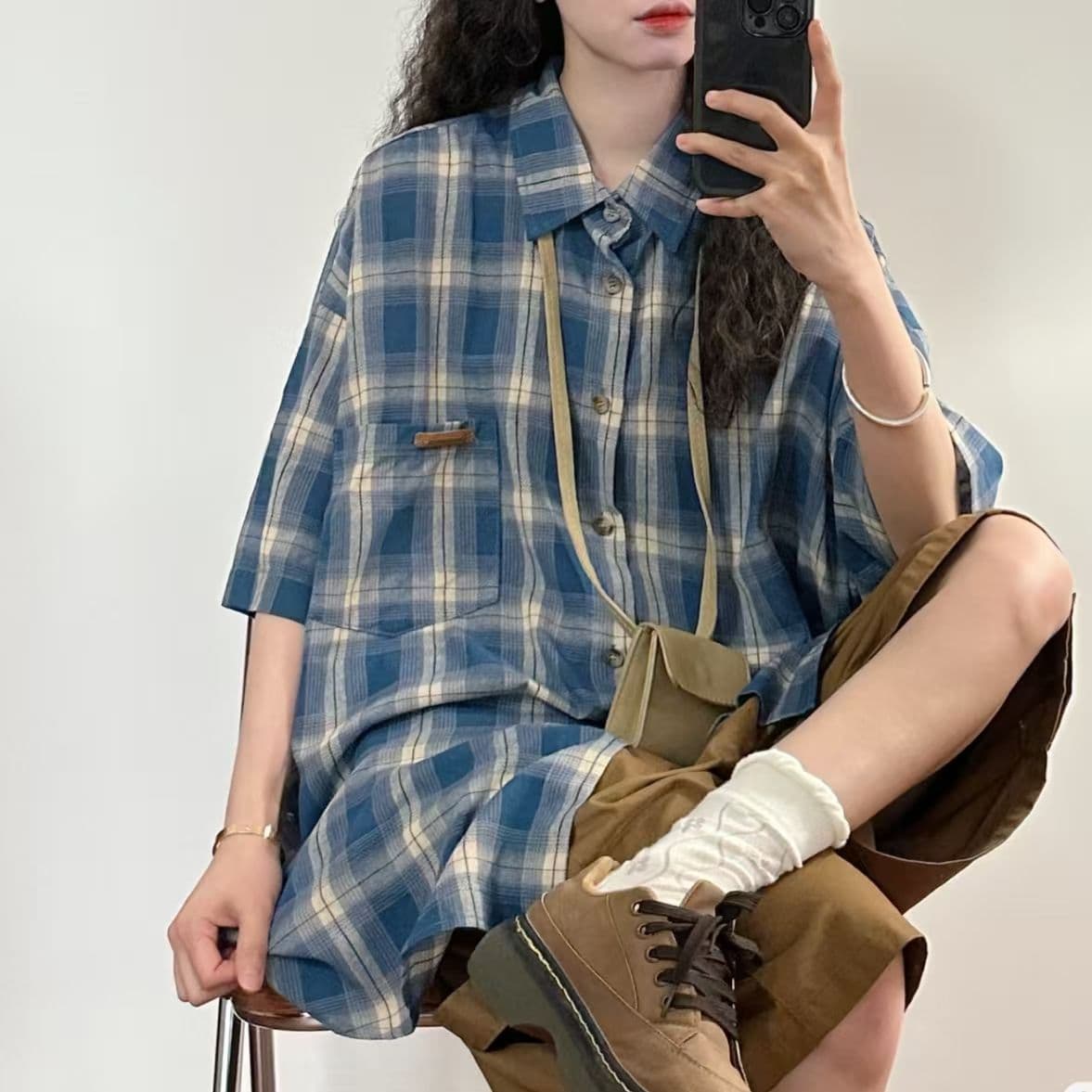 원본 원단 것 품질 레트로 체크무늬 여성 셔츠 여름 학생 재미있는 새로운 맨위 외출용 상세 이미지 2