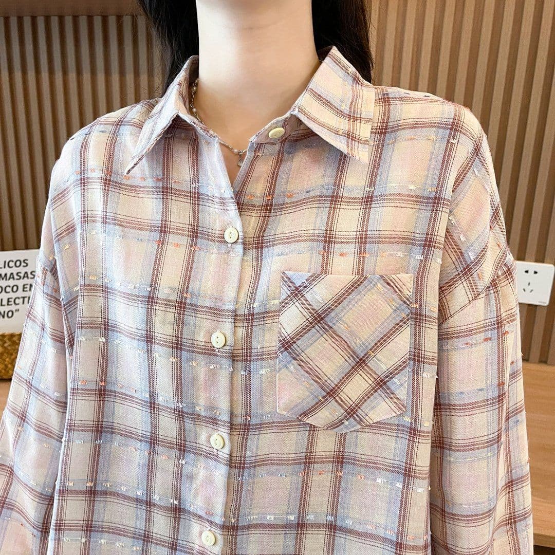 실사 흔들어서 톤 품질 원본 것 중간 길이 레트로 체크무늬 POLO 칼라 셔츠 자외선 차단 의류 여성 코트 상세 이미지 25