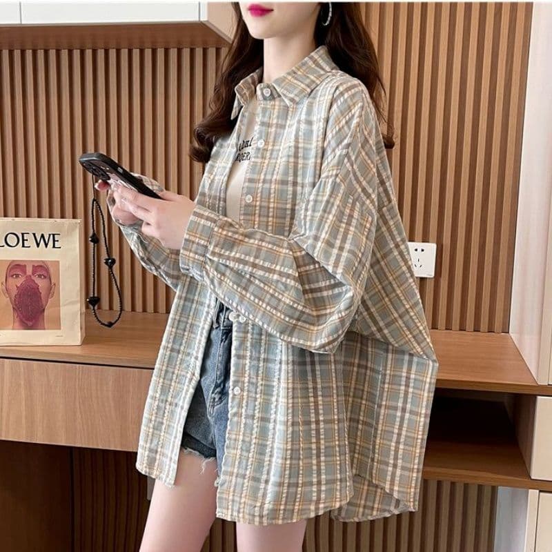 경관 그림 흔들어서 톤 품질 원본 것 중간 길이 레트로 체크무늬 POLO 칼라 셔츠 자외선 차단 의류 여성 코트