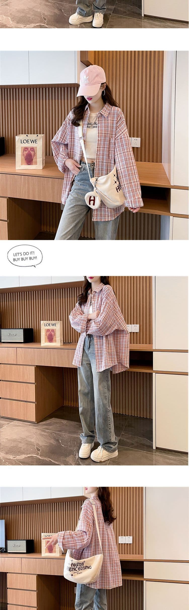 경관 그림 흔들어서 톤 품질 원본 것 중간 길이 레트로 체크무늬 POLO 칼라 셔츠 자외선 차단 의류 여성 코트 상세 이미지 4
