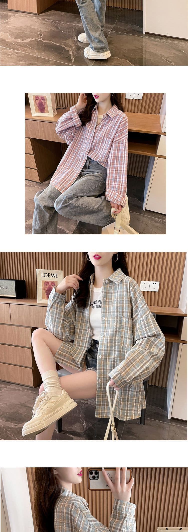 경관 그림 흔들어서 톤 품질 원본 것 중간 길이 레트로 체크무늬 POLO 칼라 셔츠 자외선 차단 의류 여성 코트 상세 이미지 5