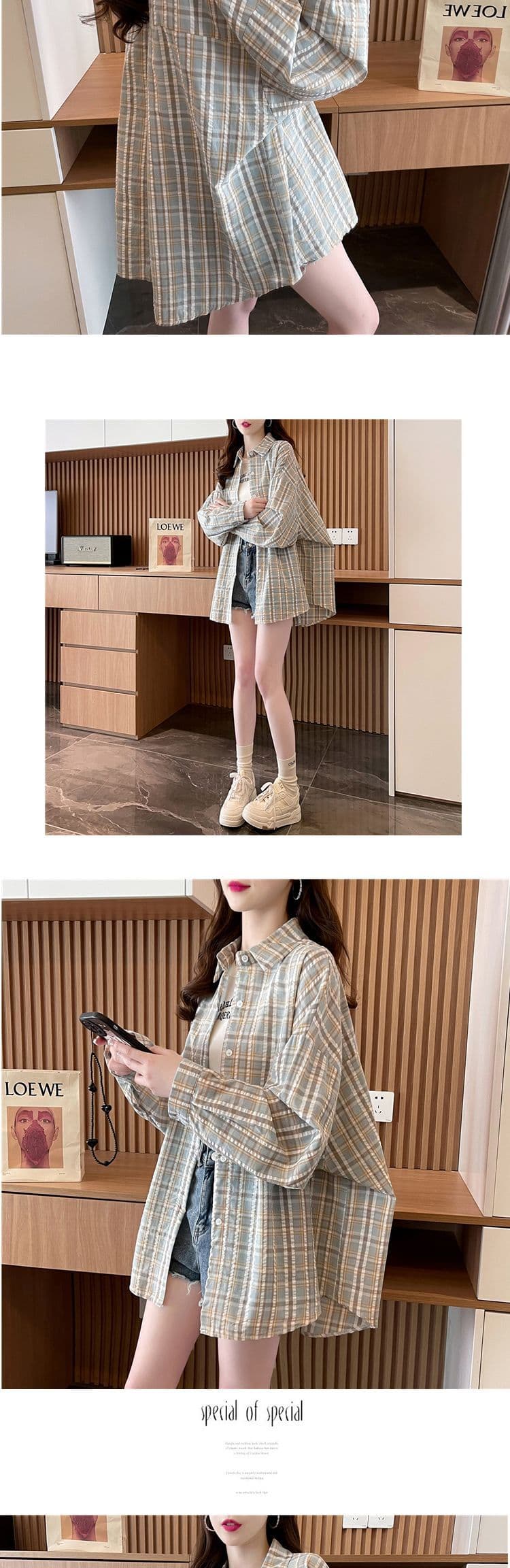 경관 그림 흔들어서 톤 품질 원본 것 중간 길이 레트로 체크무늬 POLO 칼라 셔츠 자외선 차단 의류 여성 코트 상세 이미지 6