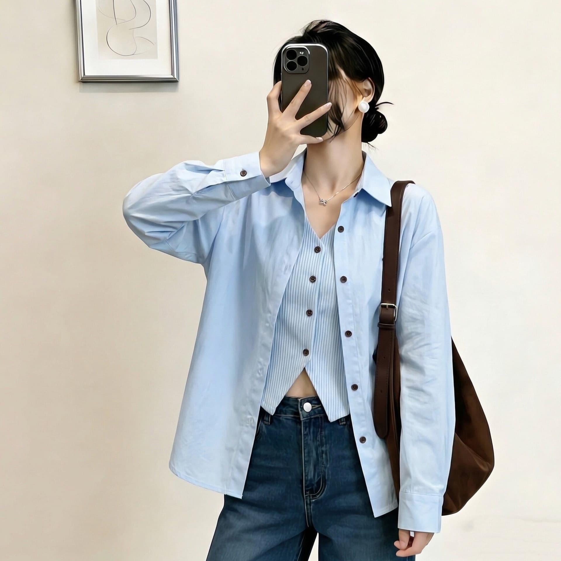 경관 그림 원본 원단 청춘 한국 스타일 페이크 레이어드 셔츠 미니멀리즘 바람 맨위 봄 여름 새로운 빅 사이즈 셔츠 여성 이미지 5