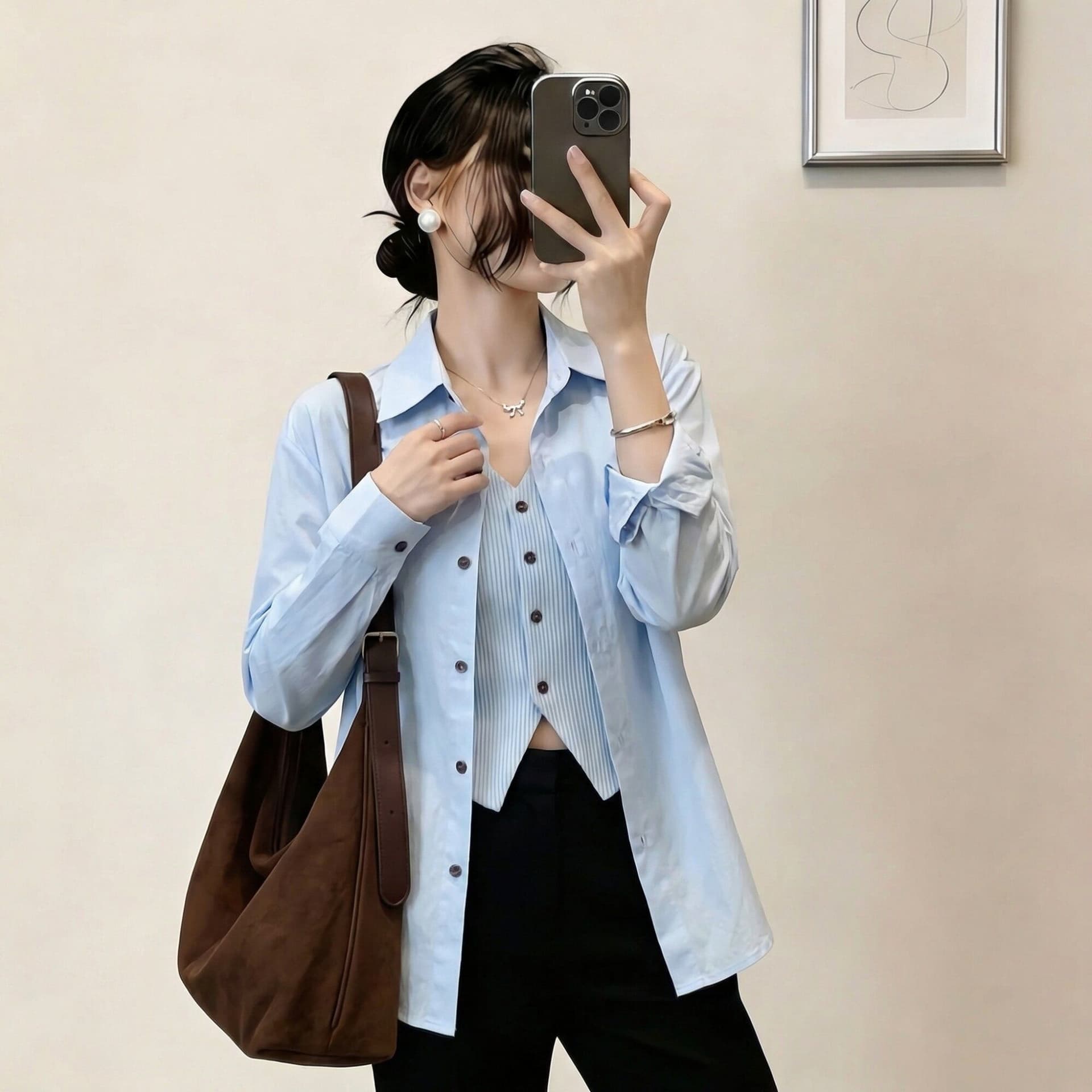 경관 그림 원본 원단 청춘 한국 스타일 페이크 레이어드 셔츠 미니멀리즘 바람 맨위 봄 여름 새로운 빅 사이즈 셔츠 여성 상세 이미지 4
