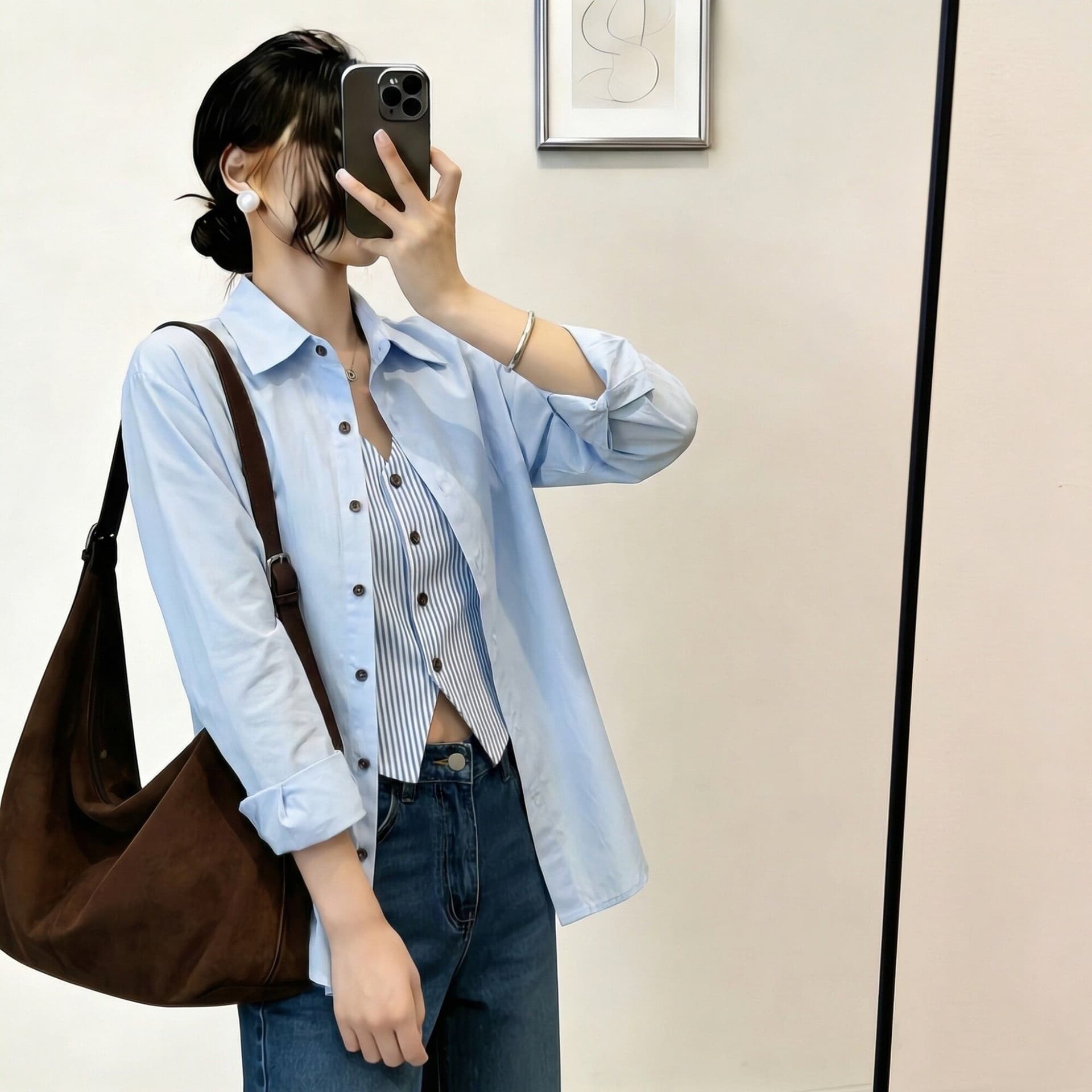 경관 그림 원본 원단 청춘 한국 스타일 페이크 레이어드 셔츠 미니멀리즘 바람 맨위 봄 여름 새로운 빅 사이즈 셔츠 여성 상세 이미지 5