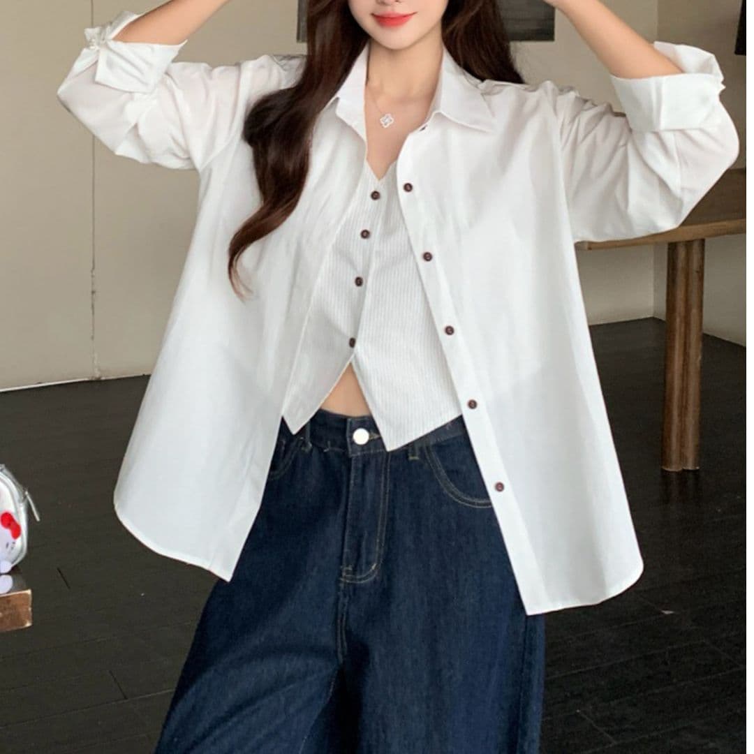 경관 그림 원본 원단 청춘 한국 스타일 페이크 레이어드 셔츠 미니멀리즘 바람 맨위 봄 가을 새로운 빅 사이즈 셔츠 여성 이미지 3