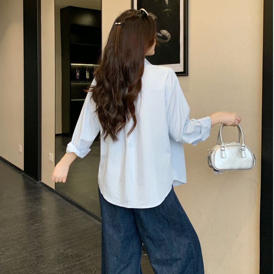 경관 그림 원본 원단 청춘 한국 스타일 페이크 레이어드 셔츠 미니멀리즘 바람 맨위 봄 가을 새로운 빅 사이즈 셔츠 여성 이미지 4